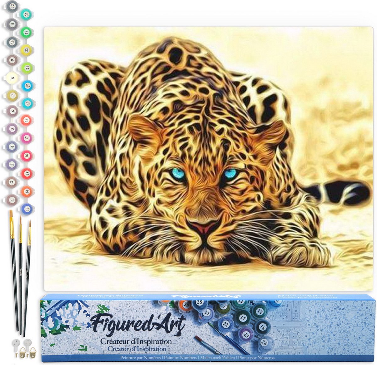 FiguredArt Schilderen op Nummer Volwassenen canvas Panter met blauwe ogen - Handwerk acrylverf Kit DIY Compleet - 40x50cm zonder frame